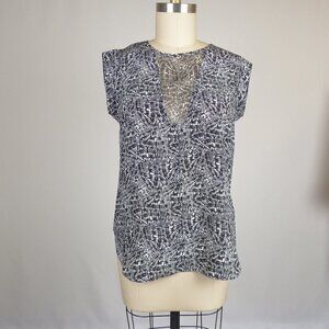 Rebecca Taylor Printed Silk Chiffon Top Black White 10 Work Office Preppy
